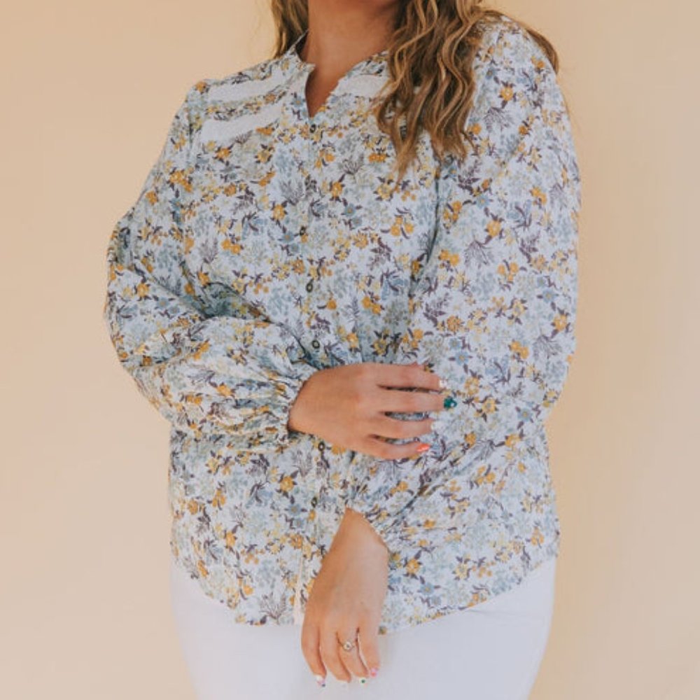 Polagram Ditsy Floral Shirt Lace Long Sleeve Button Front Peasant Cottagecore-3X